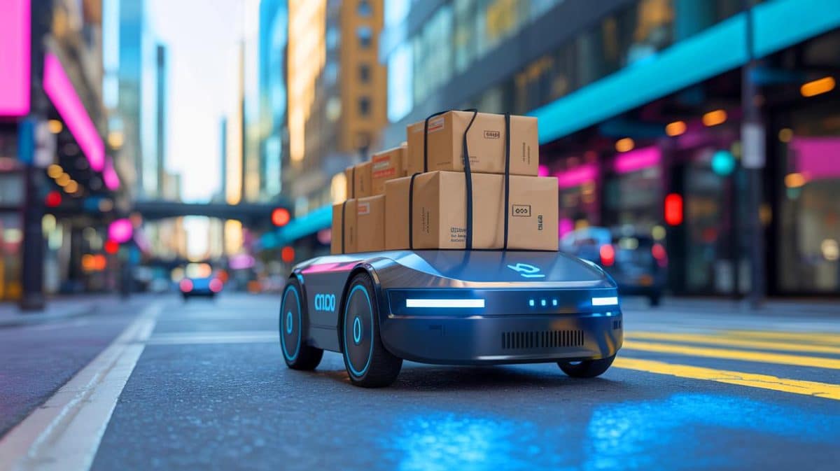 Ce robot de livraison capable de gérer 20 commandes à la fois provoque la colère des livreurs Uber Eats, qui y voient une menace directe pour leur emploi Illustration de la livraison autonome par le robot RM5 de RoboMart.