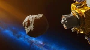 Illustration de la mission Hayabusa2 de la JAXA s'approchant de l'astéroïde 1998 KY26.