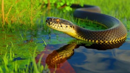 Illustration de serpents cottonmouths dans leur habitat naturel aquatique.