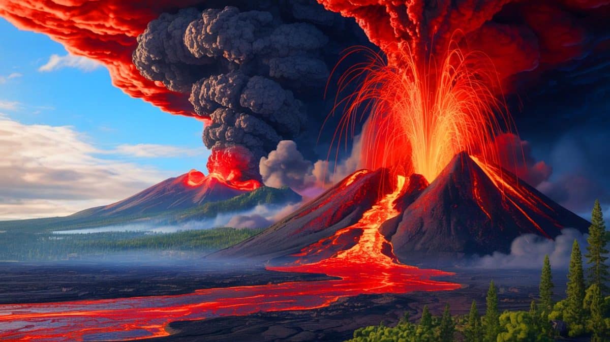 Illustration de l'éruption du supervolcan Toba et ses impacts climatiques.