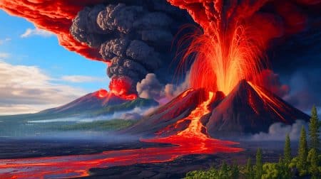 Illustration de l'éruption du supervolcan Toba et ses impacts climatiques.