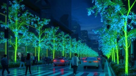 Illustration de plantes bioluminescentes en milieu urbain remplaçant l'éclairage traditionnel.