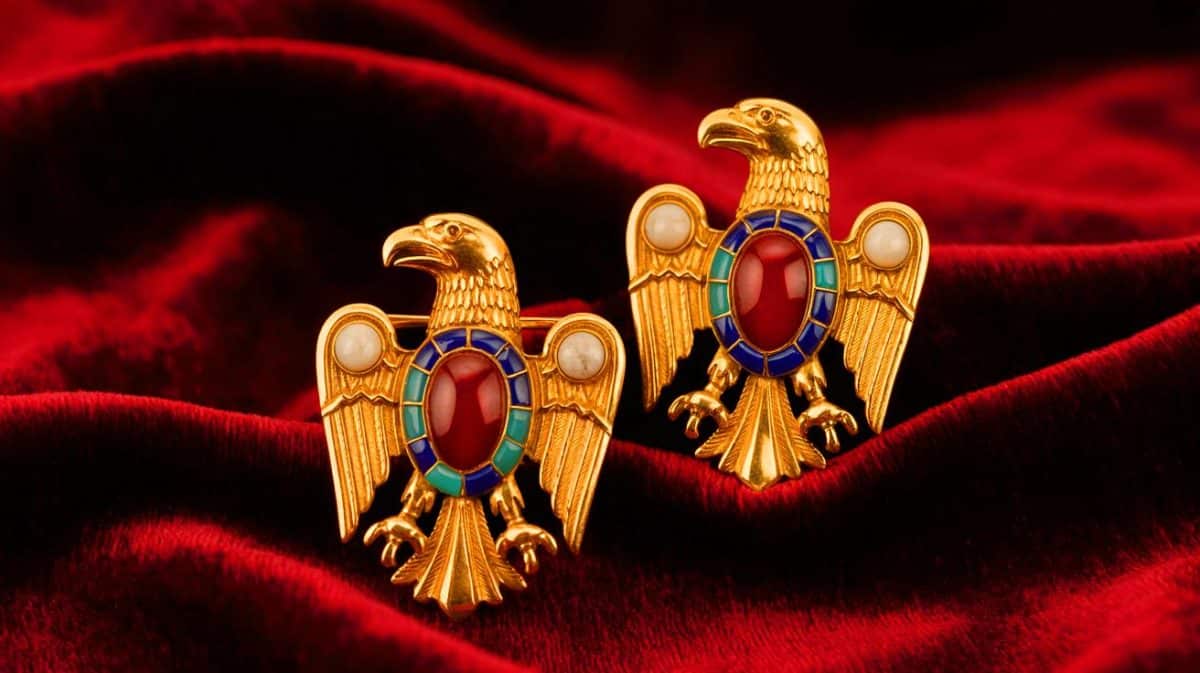 Illustration de broches en forme d'aigle de l'époque wisigothique exposées au Musée archéologique national de Madrid.