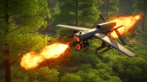 Illustration de l'innovation russe d'un drone lance-flammes pour contrer les drones ukrainiens.