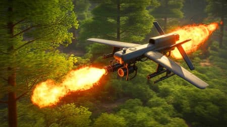 Illustration de l'innovation russe d'un drone lance-flammes pour contrer les drones ukrainiens.