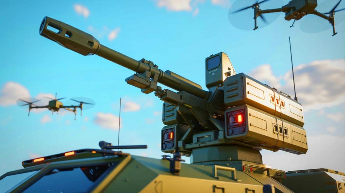 « La France commande 14 systèmes Rapidfire Land » : un bouclier anti-drones de 40 mm pour protéger ses bases stratégiques Illustration de la défense aérienne moderne avec le système Rapidfire Land conçu pour contrer les menaces de drones.