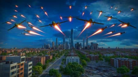 « Moscou frappe l’Ukraine avec 619 drones et 32 missiles » : une démonstration de force qui accentue la guerre d’usure Illustration de l'attaque massive de drones et missiles russes sur l'Ukraine.
