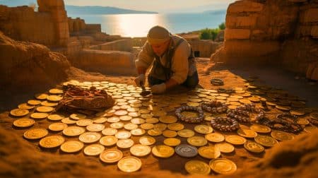 « Il trouve par hasard des bijoux et pièces d’or » : un trésor de 1 400 ans surgit des ruines d’Hippos Illustration de la découverte d'un trésor byzantin composé de pièces d'or et de bijoux près de la mer de Galilée.
