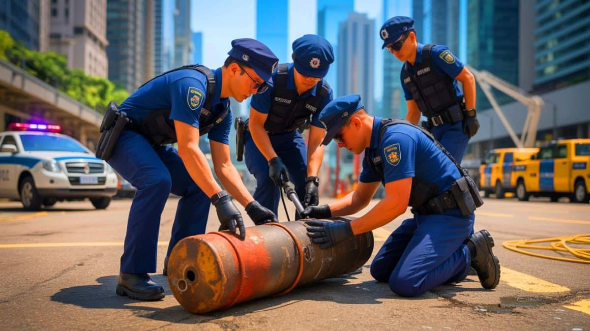 « Une arme oubliée de la Seconde Guerre mondiale surgit à Hong Kong » : une bombe US de 450 kilos désamorcée Illustration de la découverte et du désamorçage d'une bombe de la Seconde Guerre mondiale à Hong Kong.
