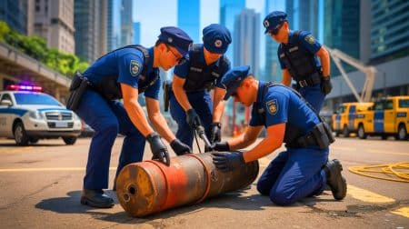 « Une arme oubliée de la Seconde Guerre mondiale surgit à Hong Kong » : une bombe US de 450 kilos désamorcée Illustration de la découverte et du désamorçage d'une bombe de la Seconde Guerre mondiale à Hong Kong.