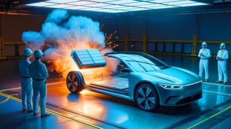 Illustration de l'éjection de la batterie d'un véhicule électrique en cas de surchauffe.