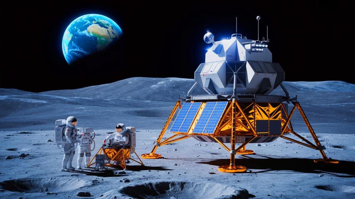 Illustration de la mission lunaire chinoise Lanyue préparant un atterrissage habité avant 2030.