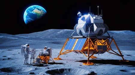 Illustration de la mission lunaire chinoise Lanyue préparant un atterrissage habité avant 2030.