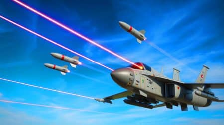 Illustration de la technologie YILDIRIM 100 utilisant un laser pour aveugler les missiles ennemis.
