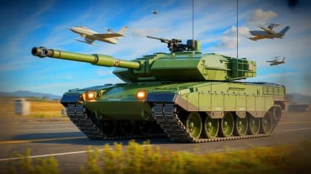 Illustration de la présentation du char Condor, combinant châssis Leopard 1 modernisé et tourelle Turra 30 pour des missions polyvalentes.