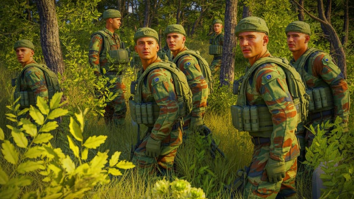 « Invisibles sur le champ de bataille » : le treillis BME améliore de 25 % la dissimulation et protège mieux les soldats Illustration de l'armée de Terre portant le nouveau camouflage BME pour une meilleure dissimulation sur le terrain.