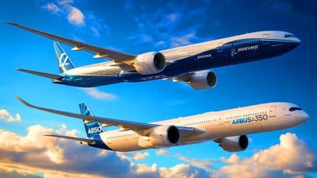 Illustration de la concurrence entre le Boeing 777-300ER et l'Airbus A350 dans l'aviation long-courrier.