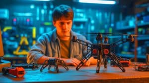 Illustration de Taylor, jeune inventeur, avec son drone VTOL imprimé en 3D et modulable.