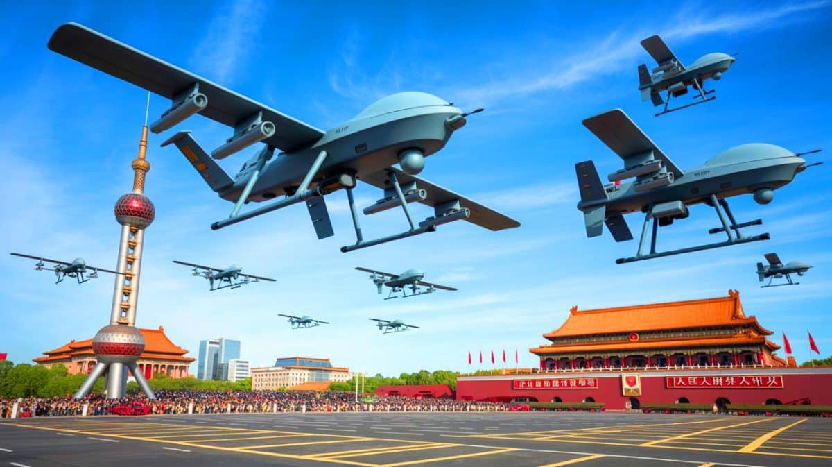 Illustration de la démonstration des systèmes non habités de l'armée chinoise lors du défilé militaire.