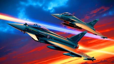 « Eurofighter Typhoon face au F-47 NGAD » : le duel aérien qui pourrait redessiner la supériorité militaire mondiale Illustration de l'affrontement théorique entre le Eurofighter Typhoon et le F-47 NGAD dans le domaine aérien.