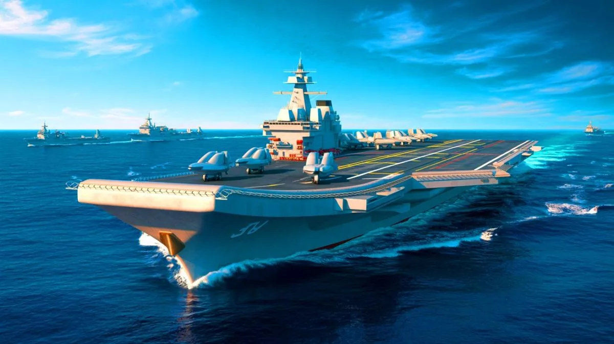 Illustration de la mise en service imminente du porte-avions Fujian, symbole de la puissance militaire chinoise.