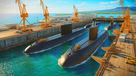 Illustration de la modernisation du chantier naval de Pearl Harbor pour accueillir des sous-marins nucléaires avancés.