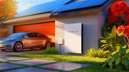 « Tesla PowerWall en France » : voici le vrai prix, les conditions d’installation et le bon plan pour économiser gros Illustration de l'installation d'un Tesla PowerWall pour optimiser la consommation d'énergie solaire domestique.