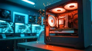 Illustration de l'explosion spectaculaire d'une carte graphique RTX 5090 en pleine session de montage vidéo.
