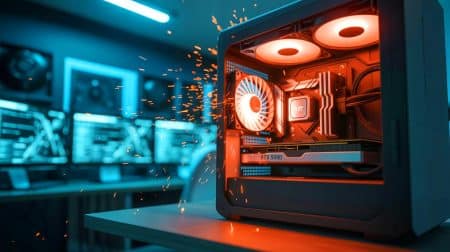 Illustration de l'explosion spectaculaire d'une carte graphique RTX 5090 en pleine session de montage vidéo.