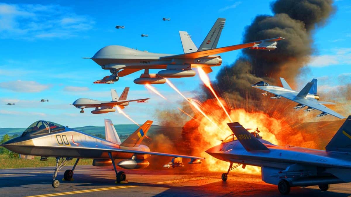 Illustration de l'attaque ukrainienne ayant détruit des avions russes hypersoniques, bouleversant l'équilibre militaire.