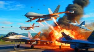 Illustration de l'attaque ukrainienne ayant détruit des avions russes hypersoniques, bouleversant l'équilibre militaire.