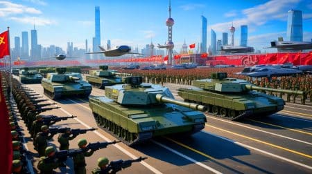 Illustration de la parade militaire chinoise présentant de nouvelles armes technologiquement avancées.