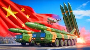 Illustration de la parade militaire chinoise dévoilant de nouvelles technologies de défense avancées.