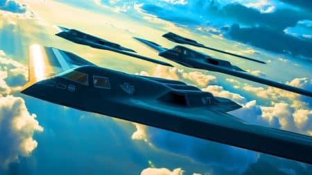 Illustration de la puissance aérienne américaine avec des bombardiers furtifs B-2 lors d'une opération stratégique.