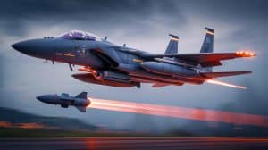 Illustration de l'avion de chasse F-15EX Eagle II de Boeing en vol, démontrant ses capacités avancées.