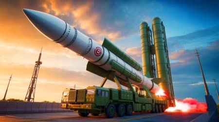 Illustration de la présentation du missile intercontinental chinois DF-5C lors d'un défilé militaire à Pékin.