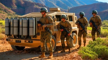 Illustration de l'utilisation de piles à hydrogène par les Marines américains pour améliorer leur mobilité sur le terrain.
