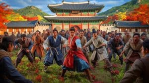 Illustration de la série Kingdom mêlant drame historique et thriller zombie dans la Corée du XVIIe siècle.