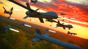 Illustration de la stratégie russe utilisant des drones et missiles pour des frappes conventionnelles en Ukraine.
