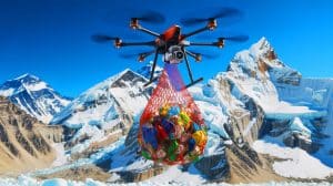 Illustration de drones géants nettoyant les pentes de l'Everest en transportant des déchets.