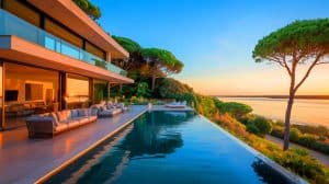 Illustration de la villa d'Antoine Dupont surplombant le bassin d'Arcachon en Gironde.