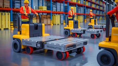 « Ça semble insignifiant, mais c’est une révolution » : Toyota s’attaque au poids écologique de 44,7 porte-avions avec un transpalette Illustration de transpalettes en acier bas carbone développés par Toyota et SSAB pour réduire l'empreinte écologique.