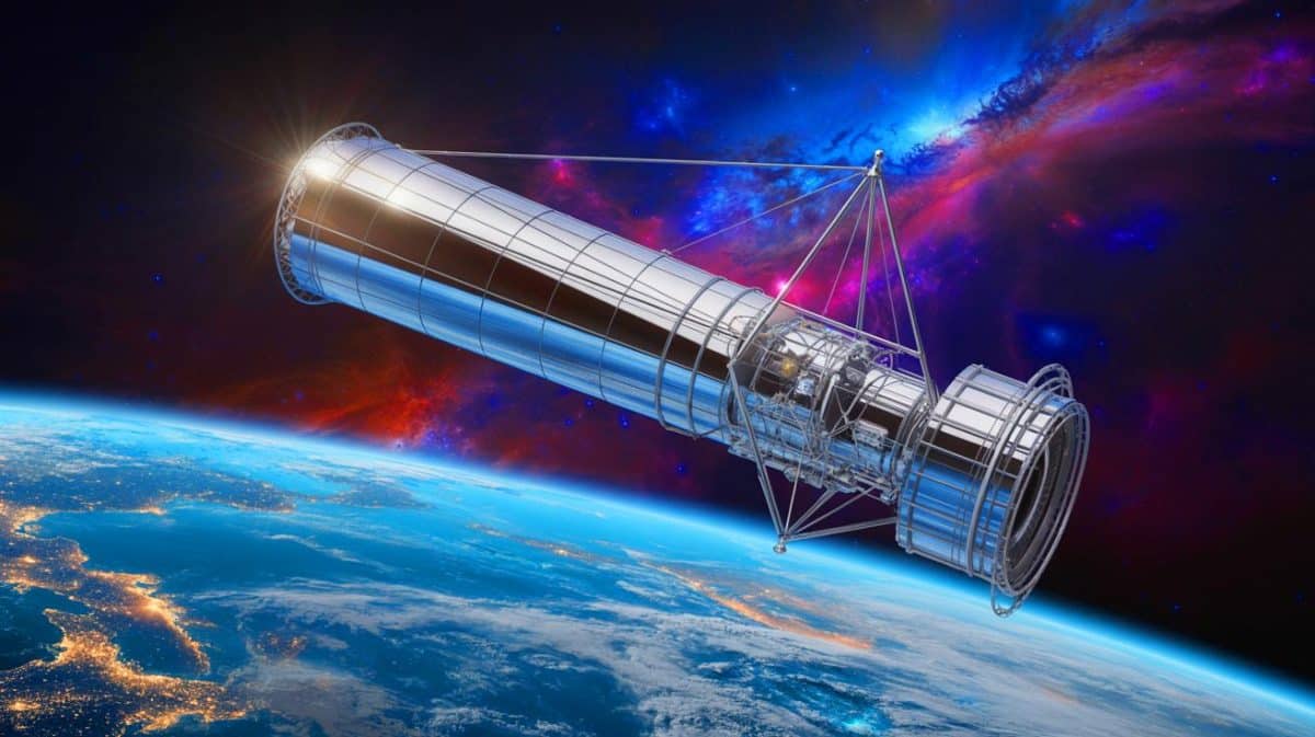 Un télescope de 65 pieds révèle des secrets : une avancée décisive pour découvrir la vie extraterrestre Illustration de l'innovation technologique d'un télescope spatial rectangulaire pour la détection de planètes analogues à la Terre.