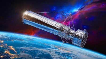 Illustration de l'innovation technologique d'un télescope spatial rectangulaire pour la détection de planètes analogues à la Terre.