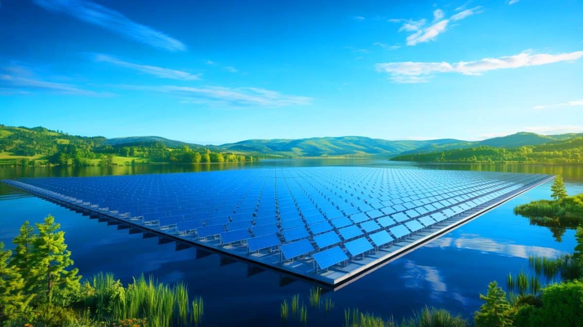 « La Slovénie construit la plus grande centrale solaire flottante » : 140 MW capables de transformer son avenir énergétique Illustration de la centrale solaire flottante sur le lac Druzmirje en Slovénie.