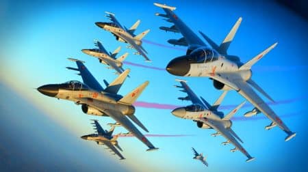 Illustration de la formation aérienne inédite de la Chine avec des avions Y-9 et des chasseurs J-16.
