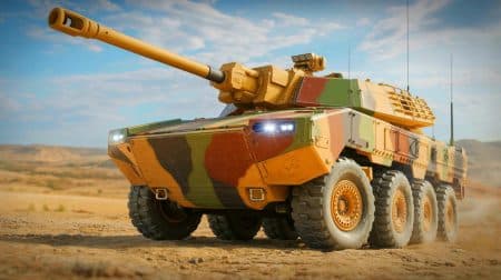 Illustration de l'AMX-10 RC, véhicule blindé de reconnaissance-feu de l'armée française.