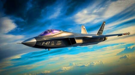 Illustration de la conception du chasseur furtif F-47 développé par Boeing dans le cadre du programme NGAD.