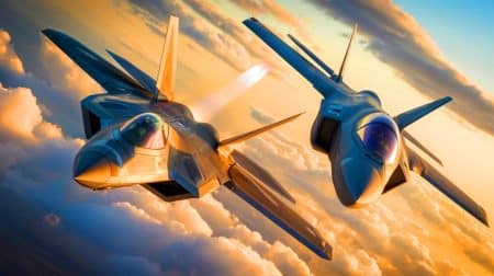 Illustration de la confrontation hypothétique entre le F-22 Raptor et le F-35 Lightning II.