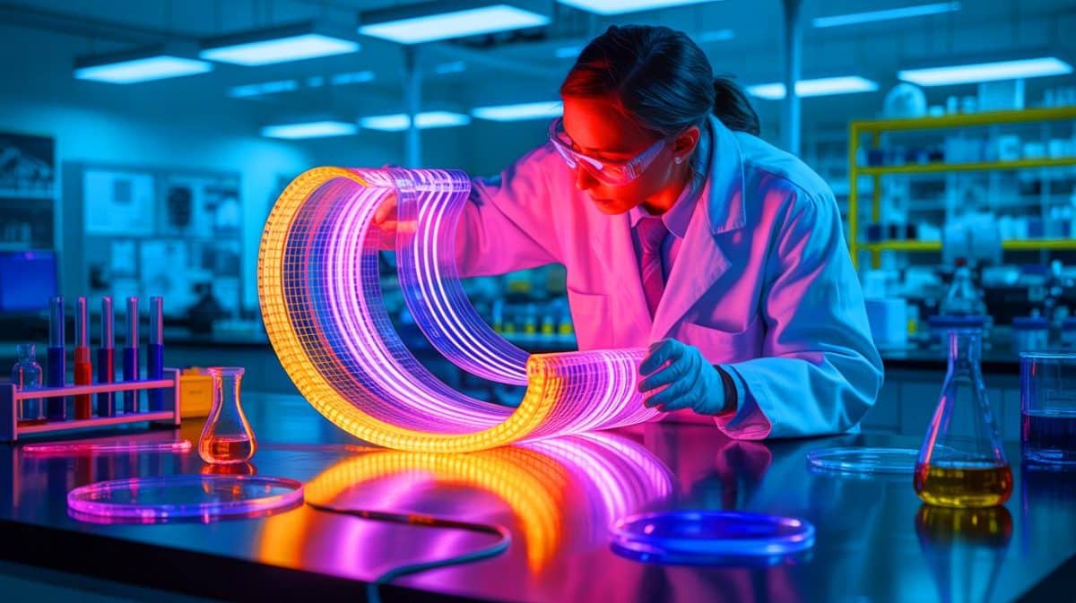 « Des chercheurs de l’UCLA créent un matériau flexible et lumineux » : une percée qui pourrait révolutionner la photonique mondiale Illustration de la nouvelle technologie photonique développée par l'UCLA, combinant disulfure de molybdène et Nafion.
